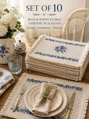 Blue White Floral Tapestry Placemats Set of 10 Fringe Cottagecore Farmhouse